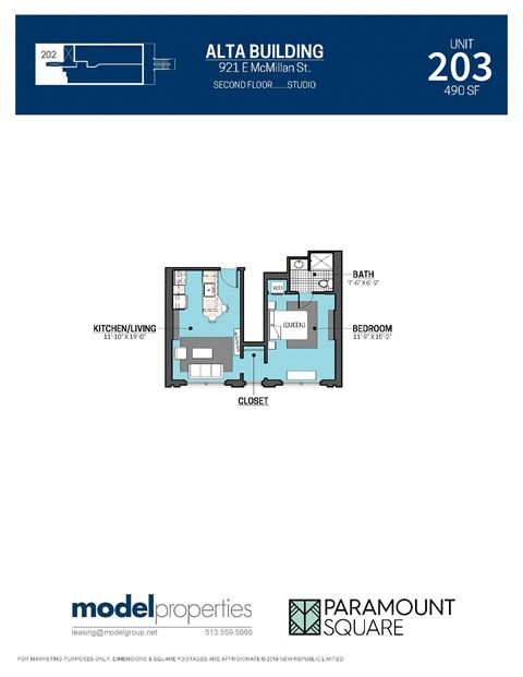 Floor plan for studio, 1 bath, 490 sqft